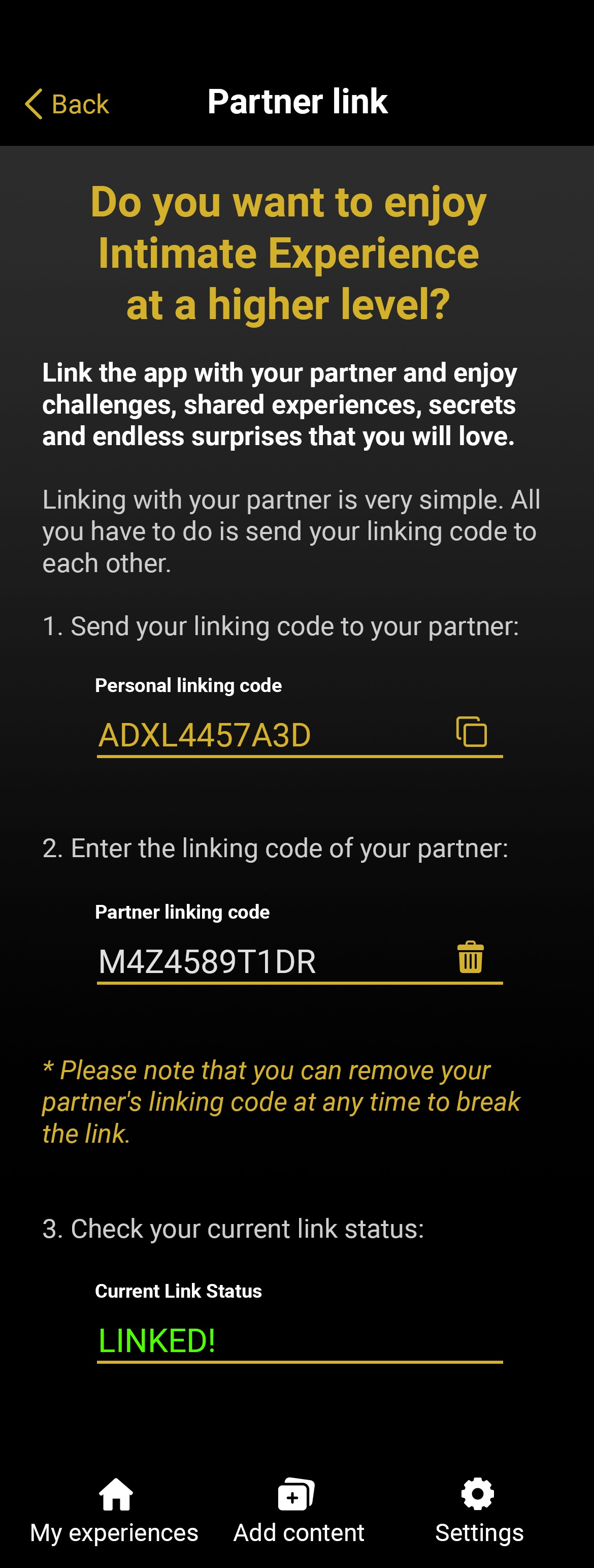 Pantalla para enlazar la app con la pareja